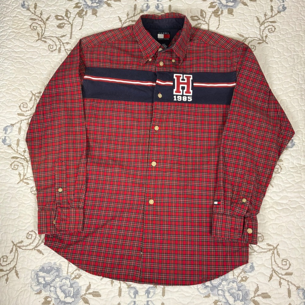Vintage Tommy Hilfiger Button Down Shirt Kids 10/12 Red Excellent Plaid Graphic